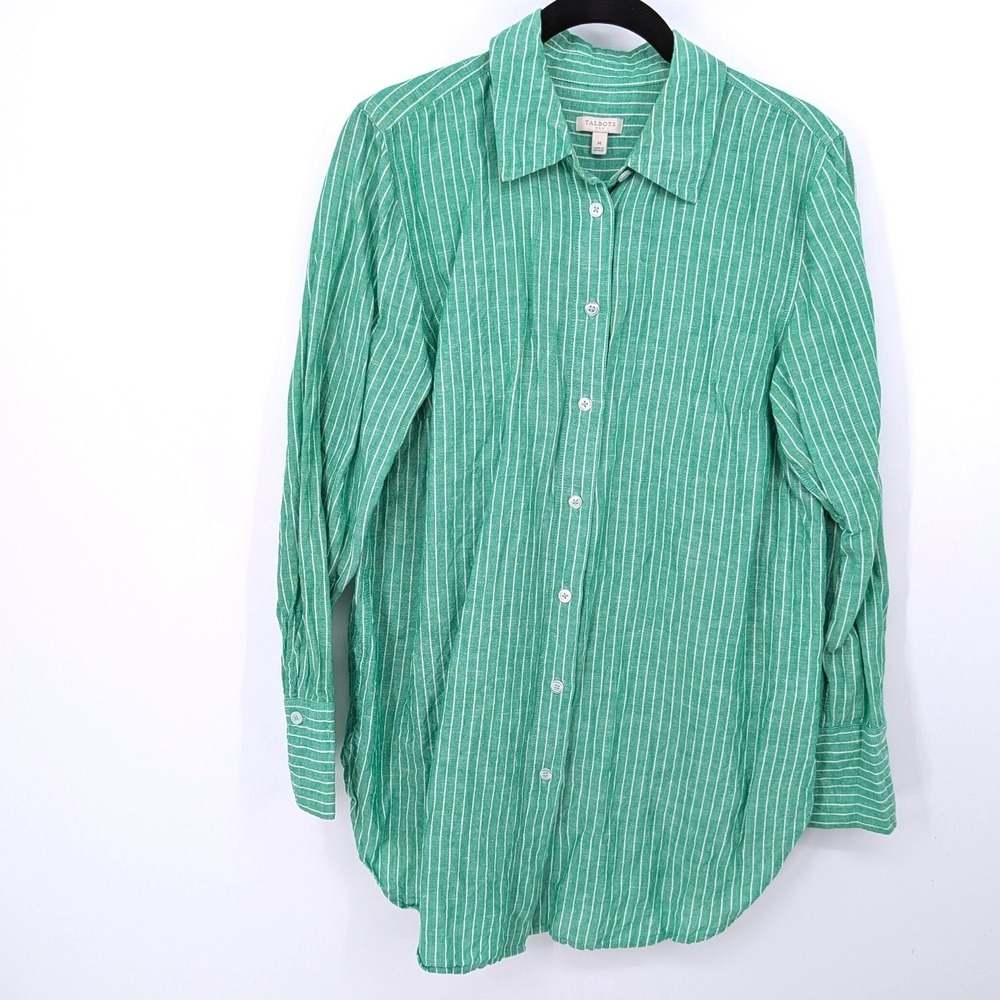 Talbots Button Down Shirt Women Medium Green Striped Linen Blend Long Sleeve